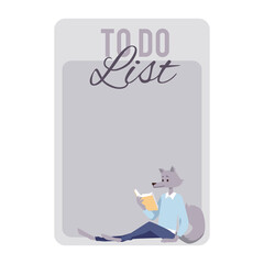 To do list template with wolf animal student illustration, flat vector.