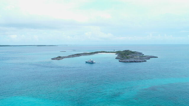 Aerial View Of A Yacht Near The Cove At Exumas, Bahamas