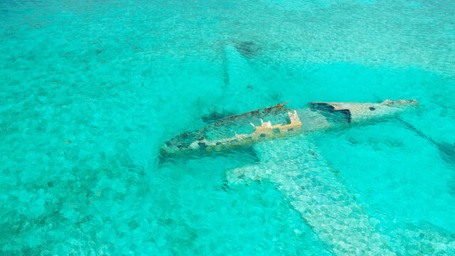 Famous Staniel Cay plane wreck near the Compass Cay island, Exumas, Bahamas