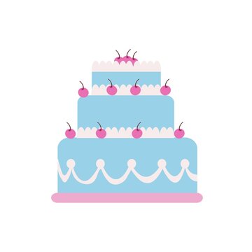 Three-tiered cake with fresh cherries. On a pink tray. Color image on a white background. Doodle.