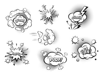 Comic speech bubbles with text. Sound emotes and comics cues. Sound effects in pop art style. Set of cartoon dialog clouds with Halftone Dot background. Isolated. Vector illustration