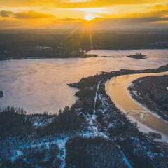 Naklejka premium Aerial view. Scenic landscape of early spring nature. Melting ice.