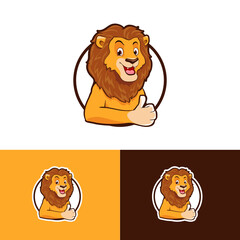 Cartoon smiling lion thumb up character mascot design. Logo in a circle with happy lion for various children activities