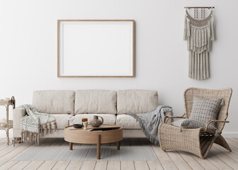 Empty horizontal picture frame on white wall in modern living room. Mock up interior in boho style. Free, copy space for your picture, poster. Rattan armchair, macrame, wooden floor. 3D rendering.