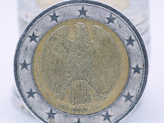 Closeup of the opposite side of a 2 euro coin with an eagle