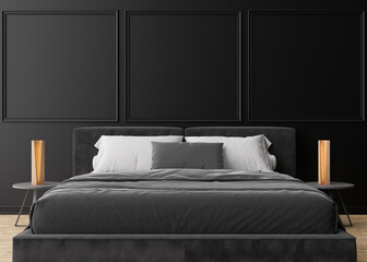 Empty black wall in modern and cozy bedroom. Mock up interior in minimalist, contemporary style. Free space, copy space for your picture, text, or another design. Bed, lamps. 3D rendering.