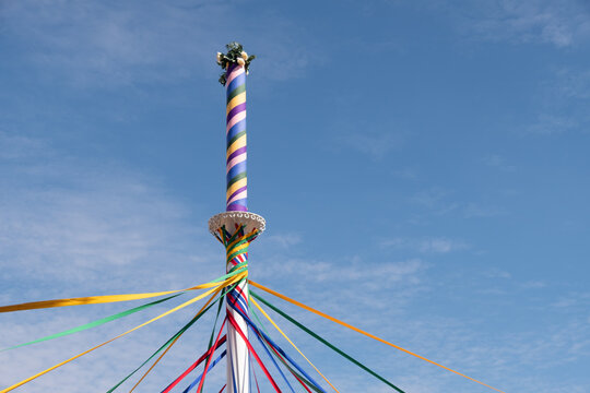 View of the colorful Maypole with ribbons for the festival at Countryfile Live