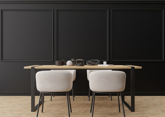 Empty black wall in modern dining room. Mock up interior in contemporary style. Free space, copy space for your picture, text, or another design. Dining table with chairs, parquet floor. 3D rendering.