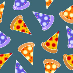 pizza pattern. vector bright pattern of stylized pizza on a dark background