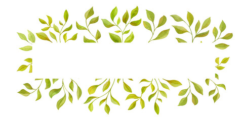 Horizontal border with green leaves, with free space for the inscription, watercolor illustration.