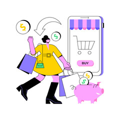 Cashback service abstract concept vector illustration. Online cashback extension, score your extra cash rebate, cash-back service rates, reduce cost shopping online at check out abstract metaphor.