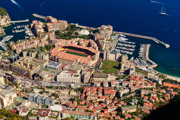 Aerial view of port Cap Dail at sunset, France, a lot of boats are moored in marina, view of city...