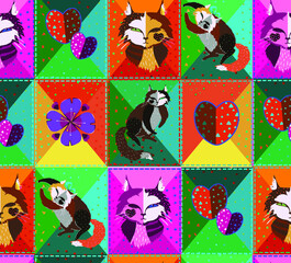 Fototapeta premium Vector color pattern in the pechwork style. Cute cats and vintage elements. Suitable for printing on fabric, wallpaper covers.