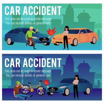 Car accident horizontal banners with crushed cars and bicycle, flat vector illustration.