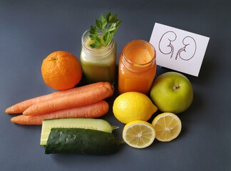 Kidney detox juice in a glass jar with ingredients carrot, cucumber, celery, apple, orange. The best foods and fresh smoothie for healthy kidney. Kidney or renal diet for chronic kidney disease.