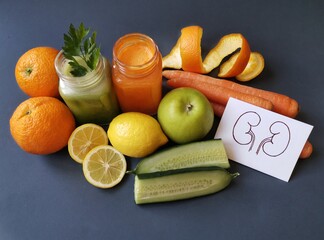 Kidney detox juice in a glass jar with ingredients carrot, cucumber, celery, apple, orange. The best foods and fresh smoothie for healthy kidney. Kidney or renal diet for chronic kidney disease.