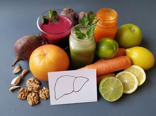 Liver detox juice in a glass jar with ingredients. Fresh smoothie for healthy liver and cleansing. Concept of liver disease diet. Liver detox super food after alcohol and over eating.