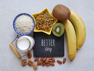 Melatonin rich foods: milk, nuts, tea, white rice, kiwi, banana. Best food for good sleep with text Better Sleep. Melatonin is a hormone; regulates the sleep-wake cycle. Healthy food for getting sleep
