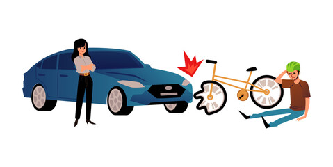 Car collides with bicycle, sad woman and injured cyclist, flat vector illustration isolated on white background.