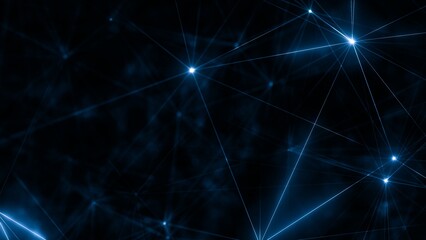 Naklejka na ściany i meble Abstract blue shiny glowing network of a polygonal wire structure. Concept of virtual neural networks, nanotechnology in artificial intelligence, and machine learning in blockchain and crypto space.