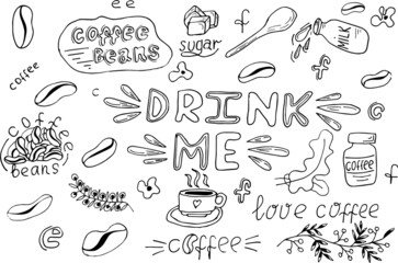 Hand drawn set of Coffee elements icons in doodle sketch style. Vector illustration