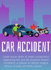 Man driver hit bike on the road, poster or banner template, flat vector illustration.