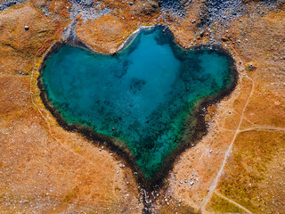 Bird's eye view of Herzsee, Heart Lake. Hochjoch, Austria.