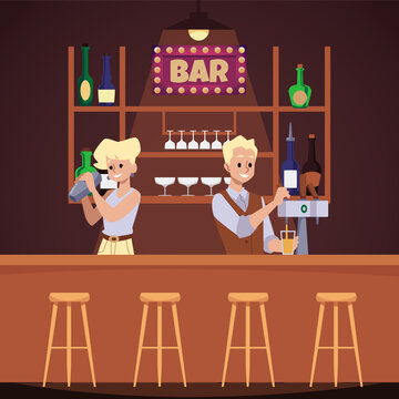 Two bartenders behind the counter in a bar. The bartender makes a cocktail, vector flat illustration