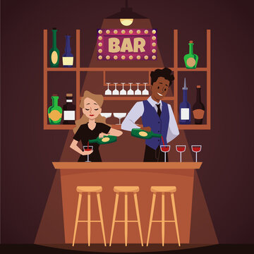 Bartender man and woman pouring wine into glasses behind the counter, flat vector illustration.