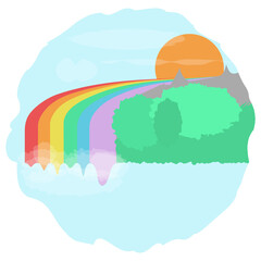 Landscape with rainbow waterfall and clouds, the sun or sunset in the background, colorful nature