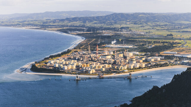 Aerial view of Marsden Point Oil Refinery in the Whangarei coastline, New Zealand