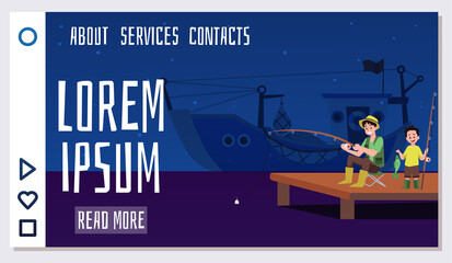 Father and son catching fish at pier, landing page template - flat vector illustration.