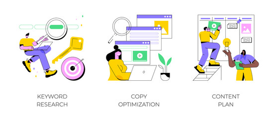 Professional SEO services abstract concept vector illustration set. Keyword research, copy optimization, content plan, web campaign, search engine, online social media planner abstract metaphor.