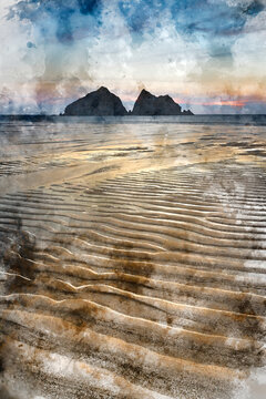 Digital watercolour painting of Absolutely beautiful landscape images of Holywell Bay beach in Cornwall UK during golden hojur sunset in Spring
