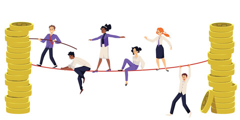 Financial balance - tightrope walking. People walking on a tightrope, vector flat illustration on a white background.