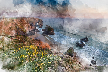 Obraz na płótnie Canvas Digital watercolour painting of Beautiful landscape image during Spring golden hour on Cornwall coastline at Bedruthan Steps