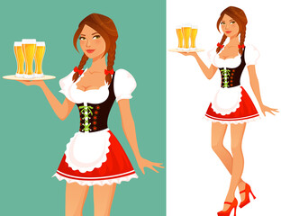 beautiful waitress in traditional German Oktoberfest costume, serving beer - obrazy, fototapety, plakaty