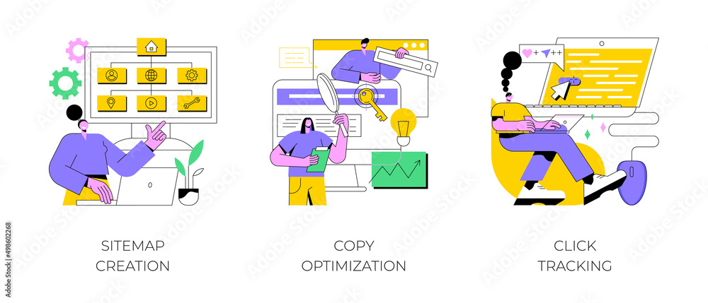 Poster website optimization abstract concept vector illustration set. sitemap creation, copy optimization, 