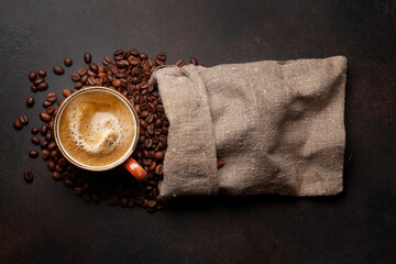 Fresh espresso coffee, roasted coffee beans