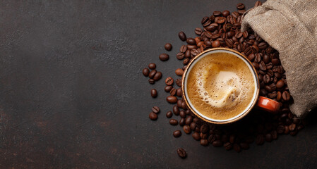 Fresh espresso coffee, roasted coffee beans
