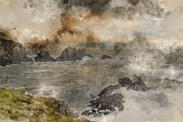 Fototapeta na wymiar Digital watercolour painting of Stunning landscape image of view from Hartland Quay in Devon England durinbg moody Spring sunset