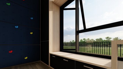 open window on the kid room 3d illustration