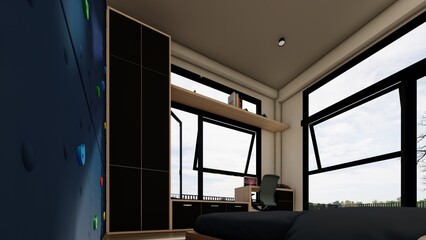 white and black furniture kid bedroom idea 3d illustration
