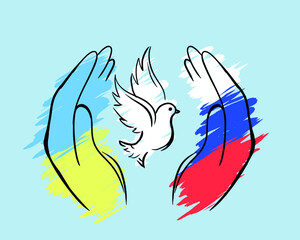 Dove of peace on the background of the Ukrainian and Russian flags. War between Ukraine and Russia. Symbol of peace and freedom on the background of the Ukrainian flag, stop the world war.