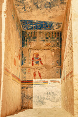 Egyptian wall murals and frescoes and paintings in Hatshepsut temple in Luxor. Religious mysteries...