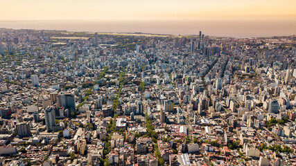 Fascinating aerial view over Almagro neighborhood in Buenos Aires, Argentina, in the evening