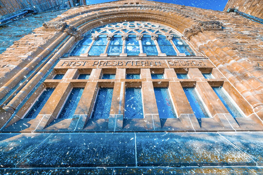 Low Angle Shot Of A Presbyterian Church In Marion Ohio