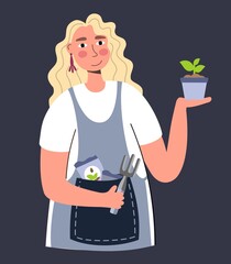 A woman admires a plant a young plant A woman farmer gardener doing work and agricultural hobby Vector illustration isolated