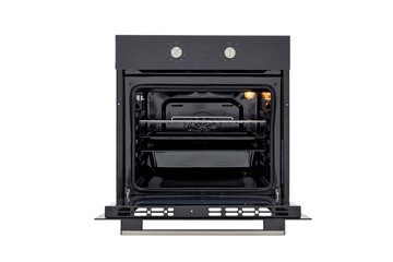 Black oven with open door and three trays, with two control knobs