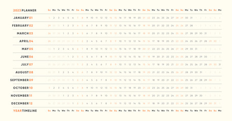 2023 yearly planner. Vector printable template. Modern calendar timeline for 2023  - obrazy, fototapety, plakaty